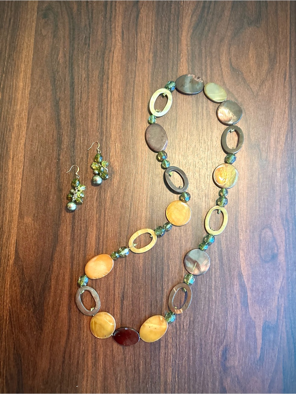 Chico’s Boho Earth Tone Shell & Wood Necklace & Earring Set